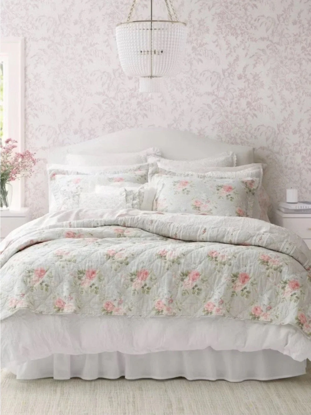 Laura Ashley ~ KING Melany Pink Rose Floral 3pc 100%Cotton Quilt Set Reversible